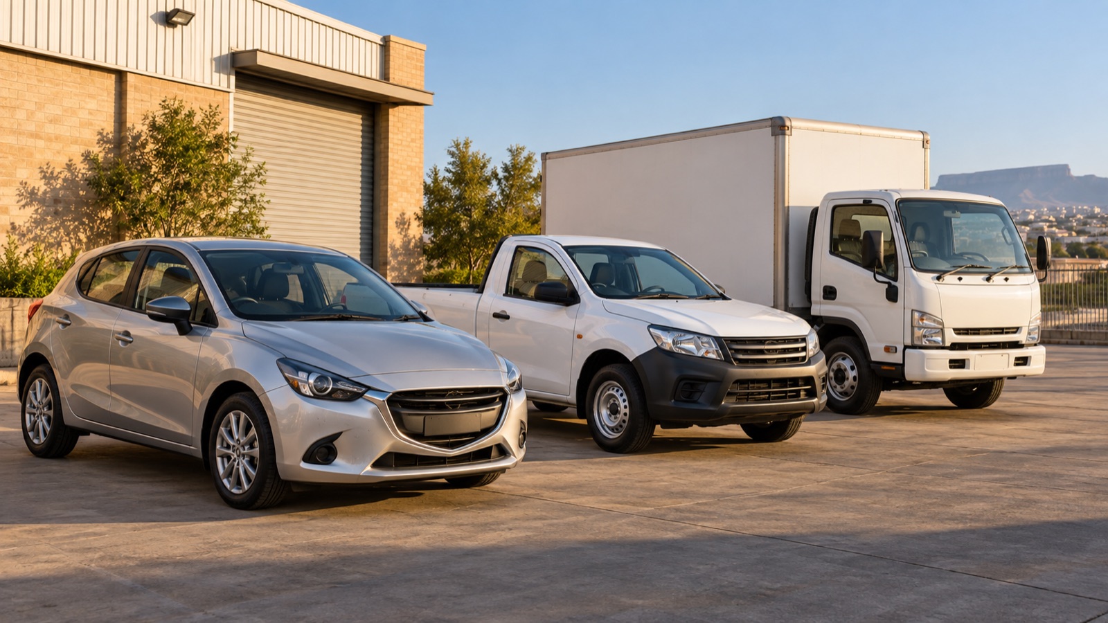 Illustrative hatchback, bakkie and small delivery truck