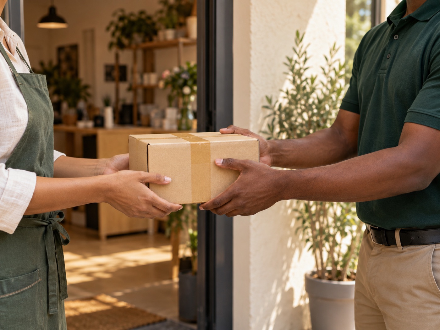 Illustrative courier carefully handing a parcel to a customer